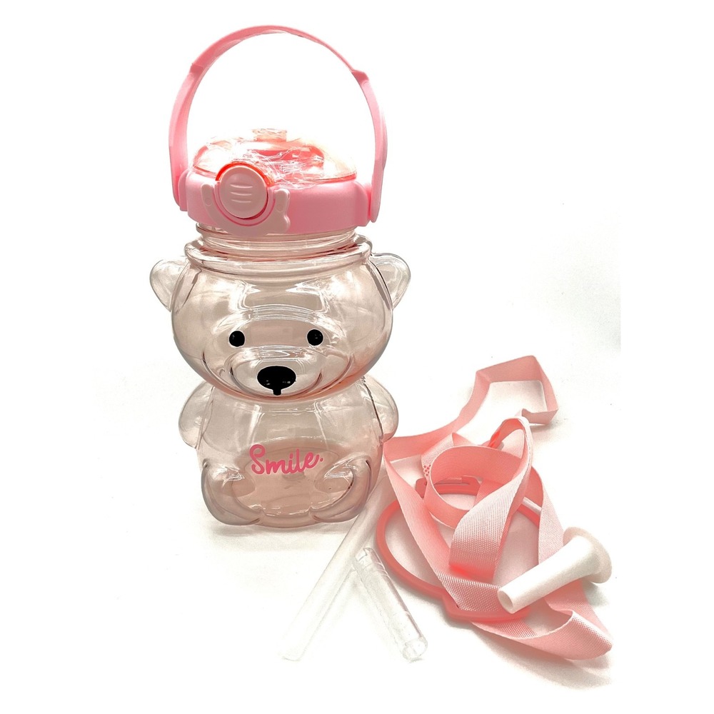 Bearista Kids Bear-Shaped Water Bottle with Straw / Strap, 33oz, Leak-Proof,